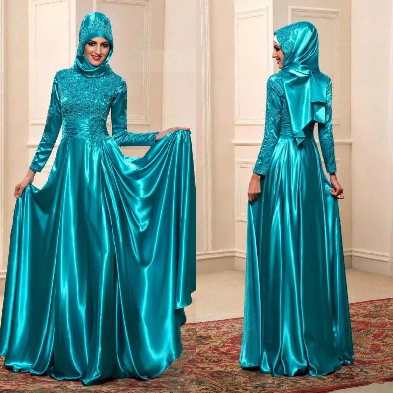 Roupas De Festas Elegante 2019 Azul Turquesa Manga Comprida Vestidos De Noite Para Mulheres Muçulmanas Alta Nedk Uma Linha De Cristais Esmeralda Rendas E Elástico De Cetim Vestido De Baile Vestido Para