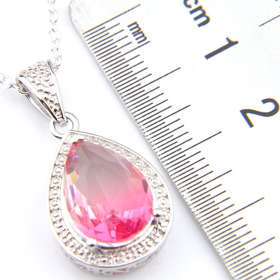Water Drop Bi Colored Tourmaline Gems Silver Drop Necklace Pendants With Chain 