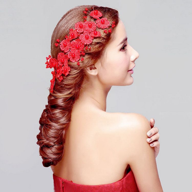 2020 Korean Wedding Hair Dress Accessories Bride Red Headwear