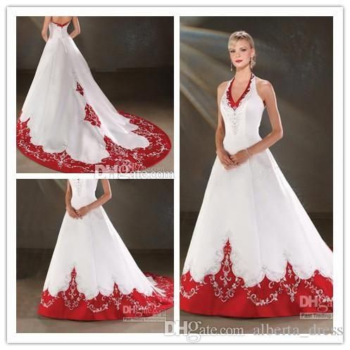 Discount Vintage White And Red Satin Beach Wedding Dresses Strapless ...