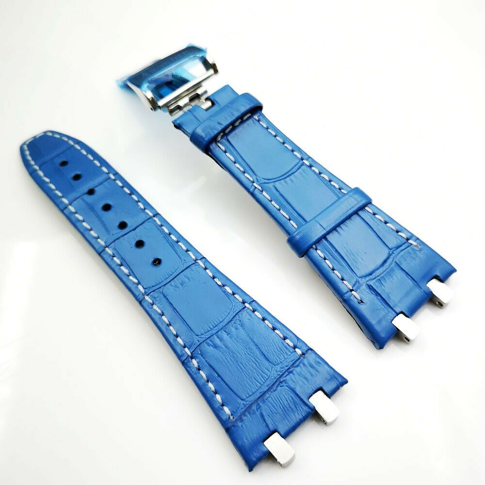 27mm Sky Blue White Stitch High Quality Leather Strap 18mm Deployment