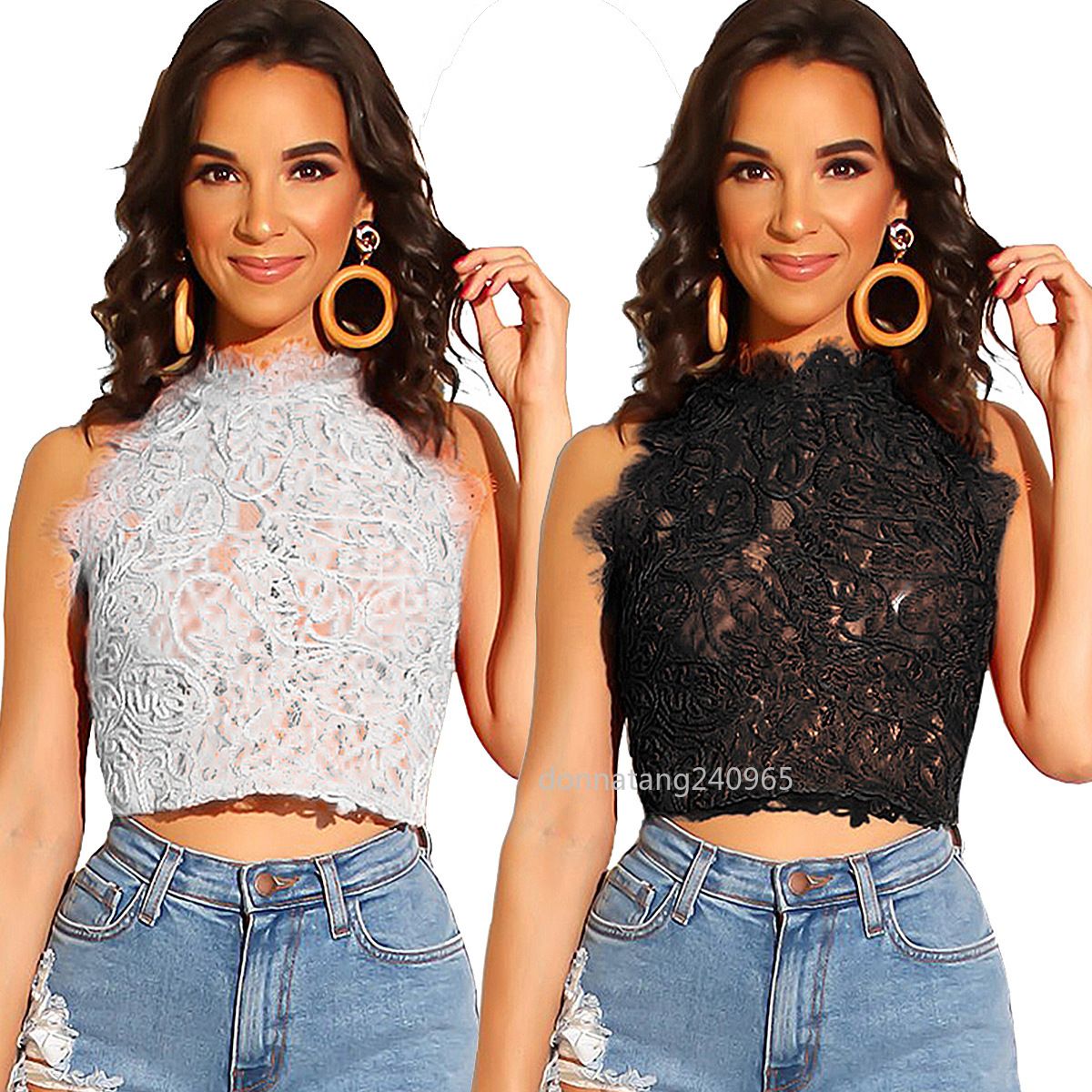 Encaje Sexy Patchwork Crop Tops Verano Dulce Elegante Sólido Sólido Tops Cortos Mujeres Frío Hombro Sin Mangas Tops Streetwear De 32,29 € | DHgate