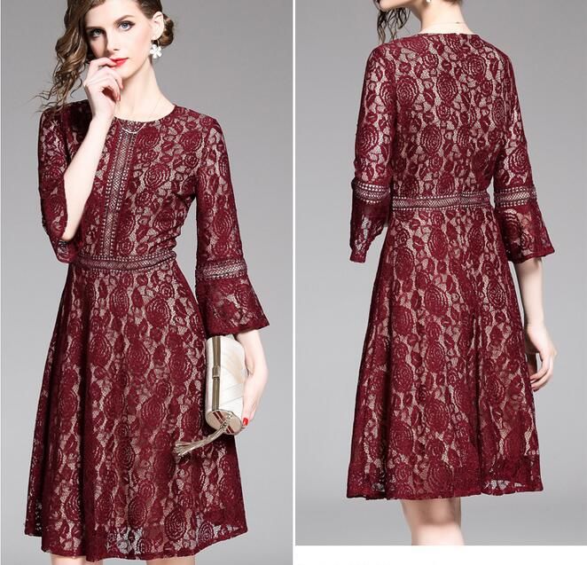 Manga de campana Flor de gancho ahuecada encaje vestido de mujer vestidos casuales A-Line faldas Manga de campana Flor de gancho ahuecada encaje vestido de mujer vestidos casuales A-Line faldas