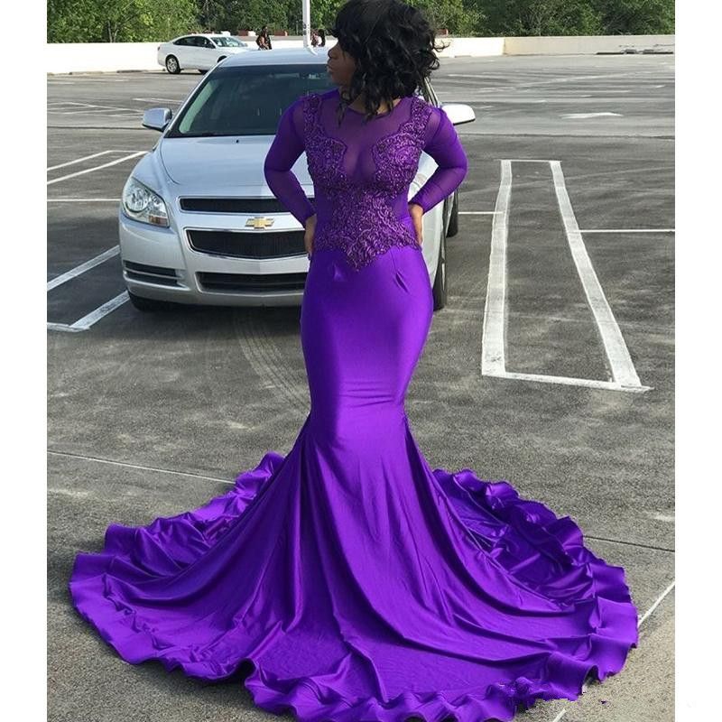 Purple Long Sleeves Mermaid Prom Dresses 2020 Lace Appliques Formal Evening Prom Gown Vestidos