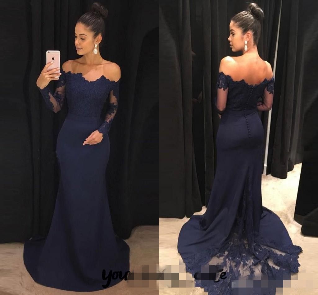 navy blue off the shoulder prom dress