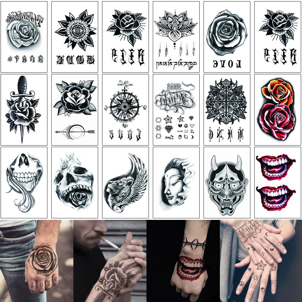 Acheter 12x155cm Mht Main Autocollant De Tatouage Faux Noir Henné Rose Fleur Loup Crâne Joker Pour Lépaule Du Bras Homme Femme Cheville étanche