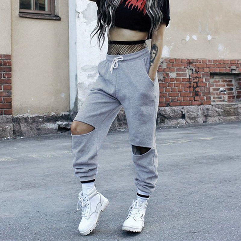 2018 Mujeres Casual Hip Hop Hippie Ladies Harem Pants Open Knees Ripped Casaul Sweat Pants