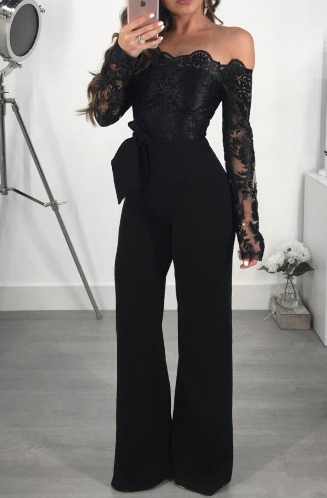 2019 Fashion Black Women Jumpsuits Off Shoulder Long Sleeves Special ...