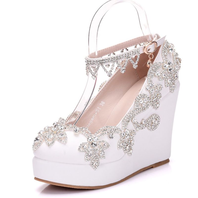 Comfortable Buckle Straps Wedge Heels White Color Wedding Dress