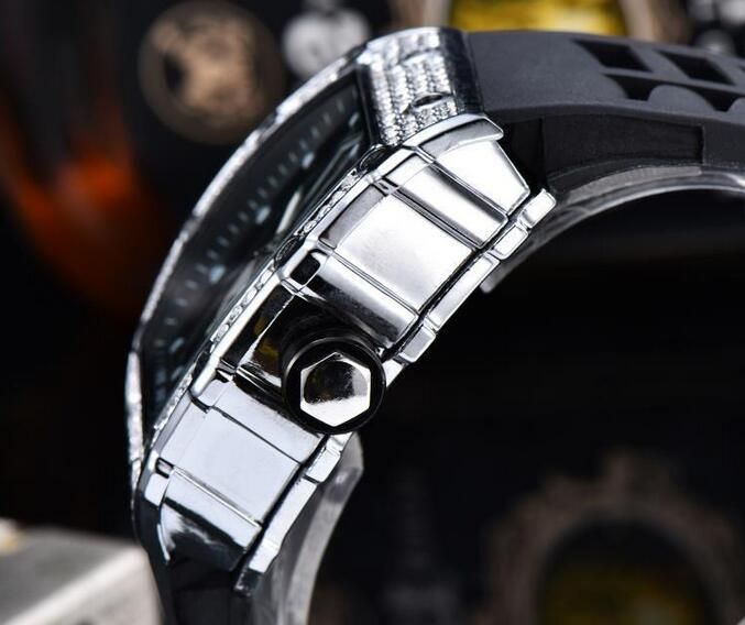 Dress mens Rectangular watches with diamond Sport Men designer watches  Luxury Black Rubber wristwatch Fancy shape Swiss Watch day date watch
