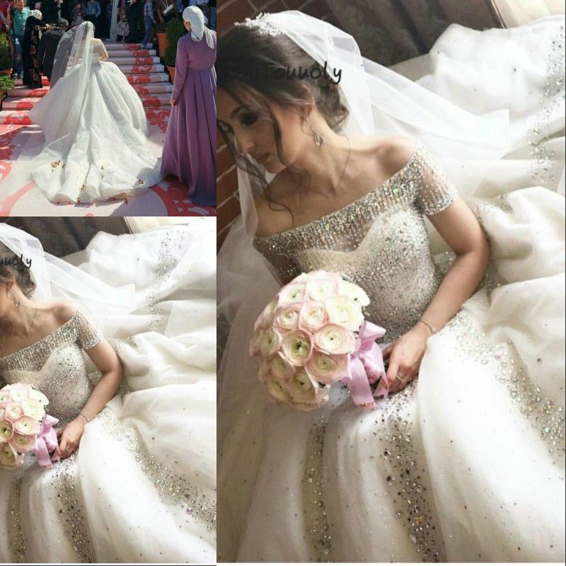 Bling Crystal Dubai Arabic Ball Gown Wedding Dresses Bateau Sheer