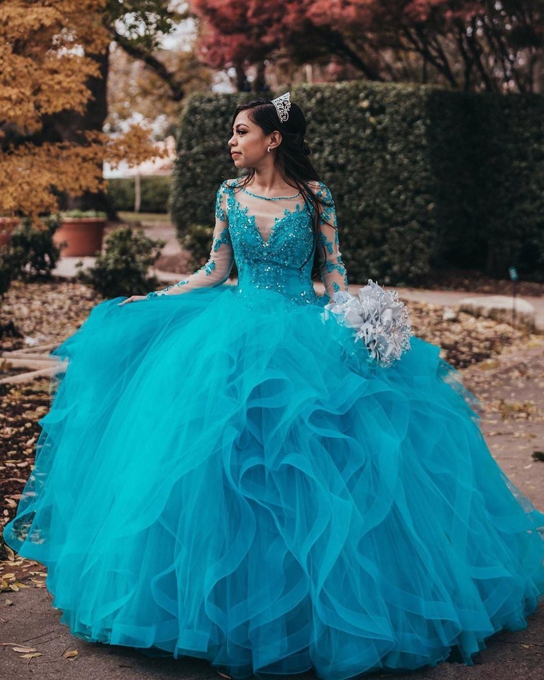 Compra Con Cuentas Vestidos De Quinceañera De Manga Larga De Tul Señorita  Partido Del Desfile Vestidos De Noche Elegantes Sheer Cuello De Encaje  Sweet 16 Vestidos De Baile Barato | Entrega Rápida