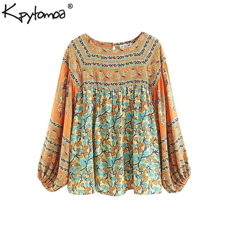 Summer Vintage Floral Print Plissee Tops Blusas mujer 2019 Ropa moda Lateral