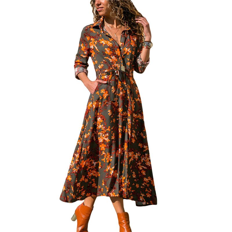 Compra Vestido Largo De Verano Vestido De Gasa Con Estampado Floral De  Manga Larga Camisa Con Cuello Caído Vestido De Dama Vestidos Casuales  Vestidos Barato | Entrega Rápida Y Calidad | Es.Dhgate