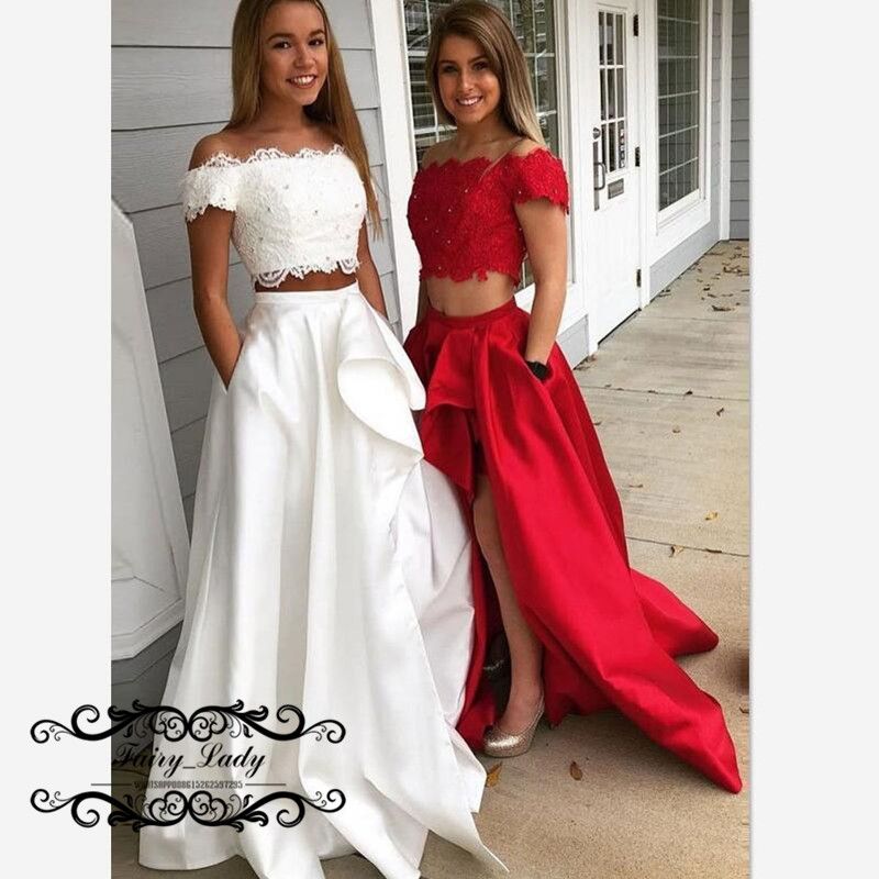 Compra 2019 Dos Piezas Largo Vestido De Dama Para Las Mujeres Del Cuello  Del Barco Lateral Dividir Una Línea Tapa Del Cordón De La Falda De Satén  Dama De Honor Del Vestido