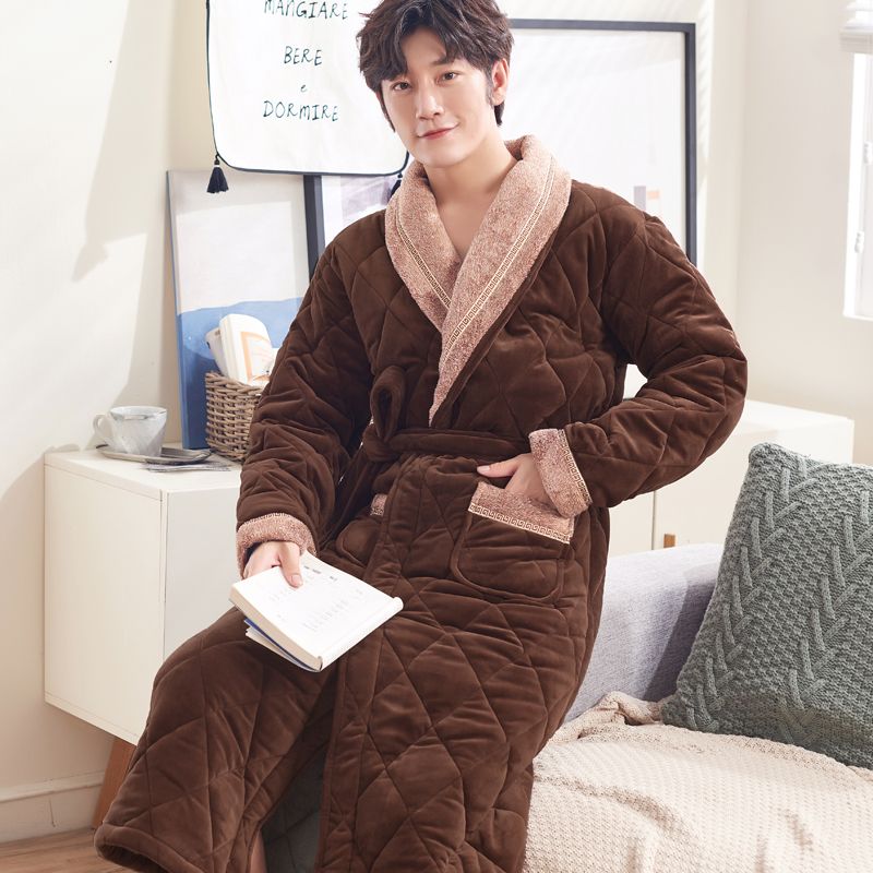 2020 Men Casual Kimono Bathrobe Winter Flannel Knitted Cotton Long