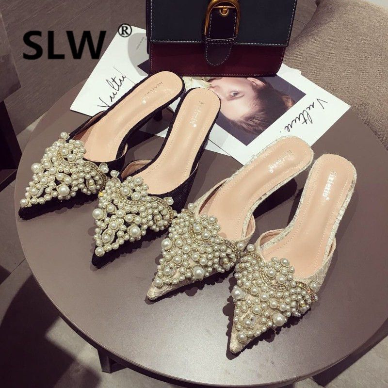 Luxury Pearl Decorate Party Shoes Woman Cat Heel Closed Toe Ol