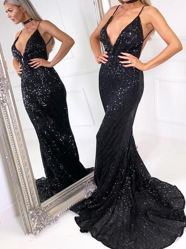 black glitter mermaid prom dress