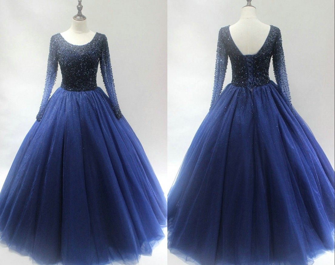 Moda azul marino de manga larga quinceañera vestidos de baile vestido de bola vestido de huellas Moda azul marino de manga larga quinceañera vestidos de baile vestido de bola vestido de huellas