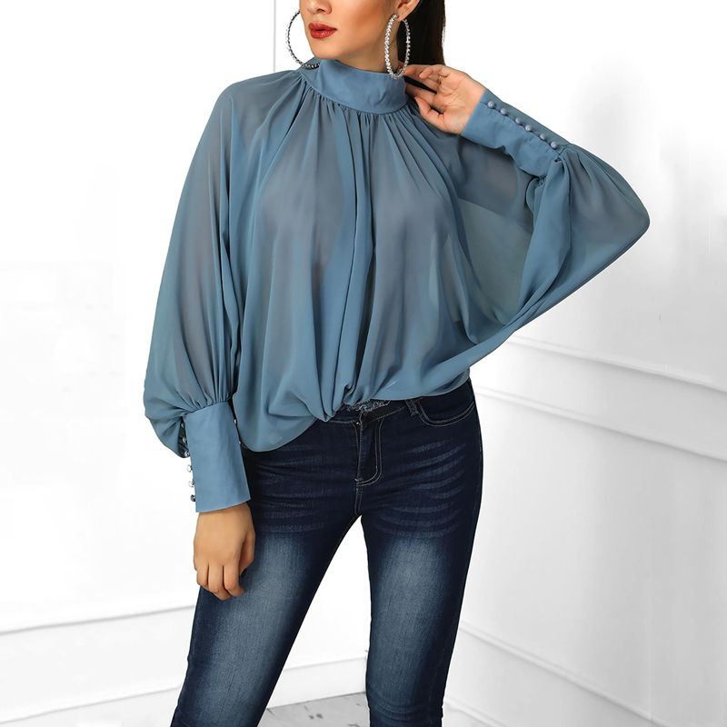 Women Chiffon Turtleneck Lantern Sleeve 