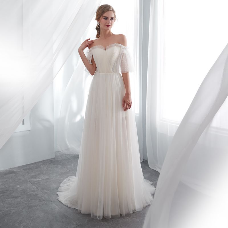 DiscountOff Shoulder Half Sleeve White Maternity Wedding Dresses Sweep  Train Casual Wedding Dresses Waterfall Skirt Wedding Gowns Online From  Mirusponsawedding, $114.58 | DHgate.Com