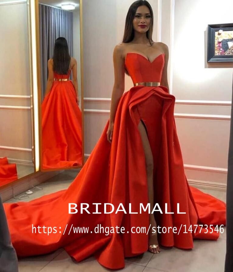 Naranja Satén Vestidos de fiesta largos 2019 Lado Formal Vestidos noche Vestido