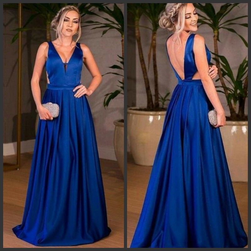 Azul marino 2019 Moda Vestidos de noche elegantes Vestidos de fiesta con V Vestidos