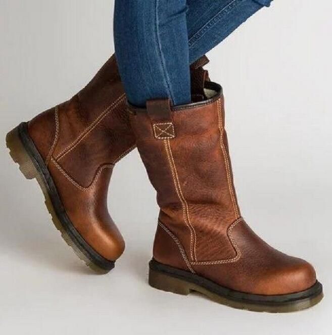 Women Boots Mid Calf Vintage Patchwork Matin Shoes Woman Zapatos