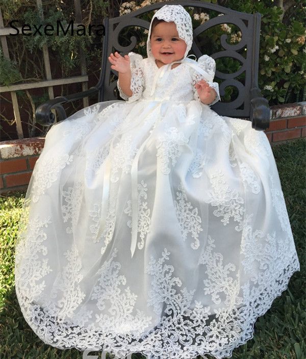 Largo vestido de bautizo de encaje para niñas bautismo 2019 blanco vestido de cumpleaños