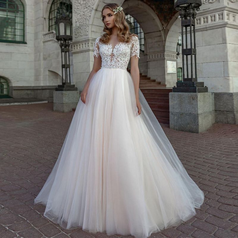 Acquistare Abiti Da Sposa Da Spiaggia In Tulle A Manica Corta Con Scollo A  Barchetta Cinturino In Strass Gioiello Abito Da Sposa Bohémien Gonna A File Abiti  Da Sposa Economico | Consegna
