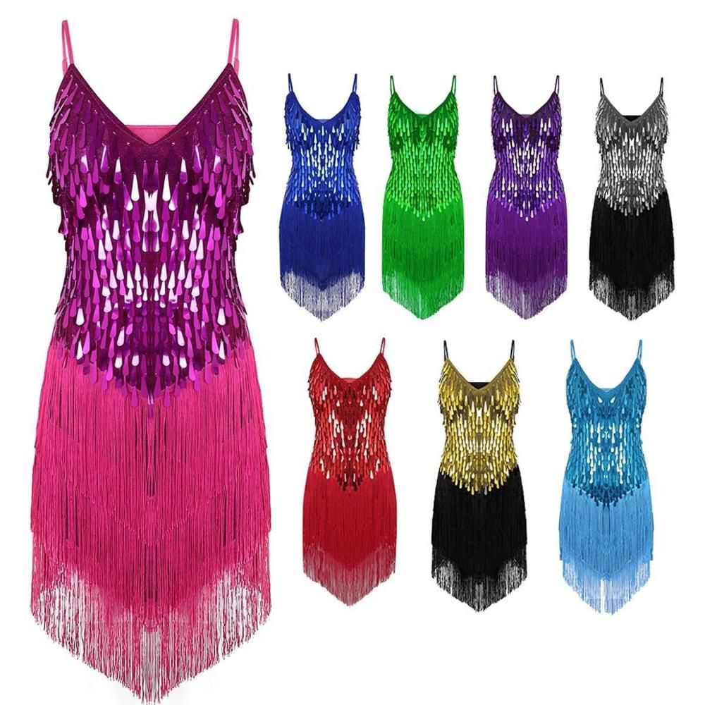Compra Al Por Mayor Performance Dance Women Ropa Salsa Apoyos Del Vestido  Con Cuello En V Concurso De Trajes Set De Baile Lentejuelas Franjas  Muchachas Latinas Vestidos Barato | Entrega Rápida Y