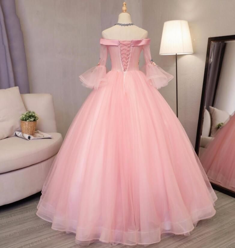 Abiti Da Principessa Rosa Abiti Da Sera A Maniche Lunghe 3/4 Con Spalle  Scoperte Girs Abito Da Spettacolo Abiti Da Sera Con Una Linea Tulle Lace Up  Back Gowns Da 153,2 € | DHgate Italy