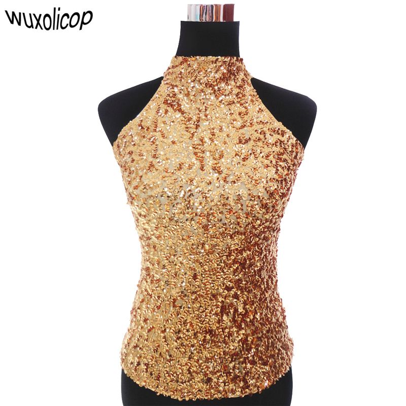 Women Fashion Sequins Halter Neck Sleeveless Vest Tank Tops Shirt Blouse T Shirt