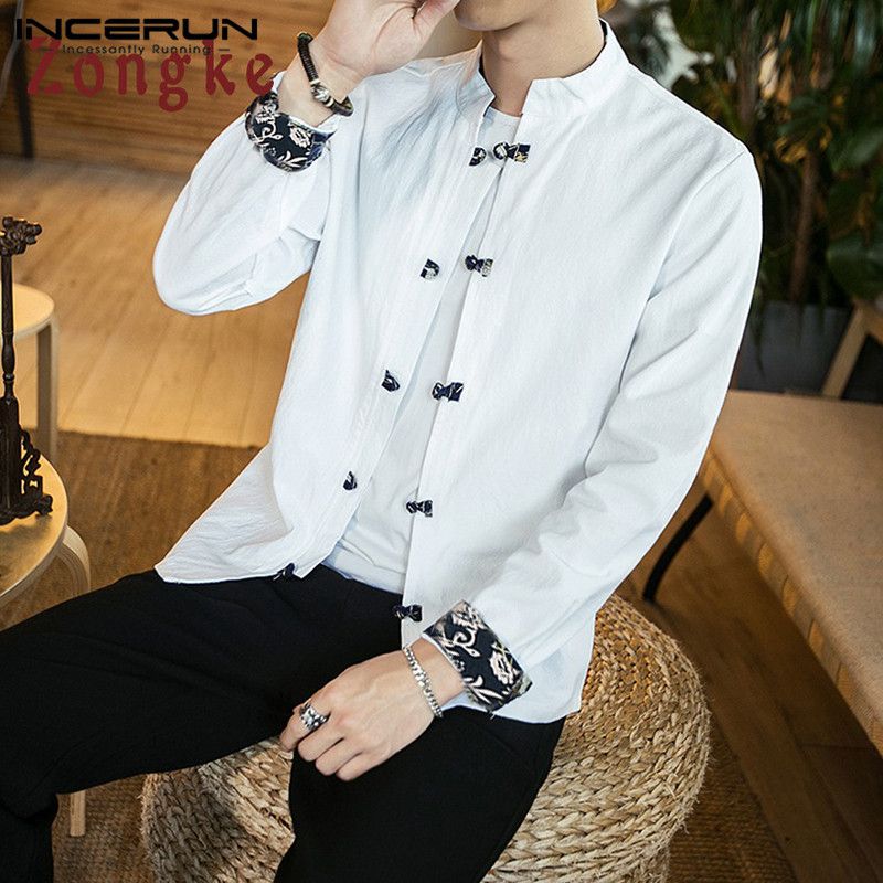 Incerun Vintage Camisa de algodón Larga Sólido Mandarin Collar 2020 Streetwear Camisa China Tradicional