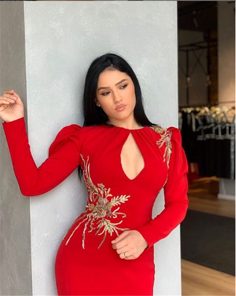 Compra Apliques De Encaje Rojo De Manga Larga Noche Negro Vestidos De  Sirena Prom Vestidos Pequeña Cola De Vestido De Novia Trajes De Soiree  Barato | Entrega Rápida Y Calidad | DHgate