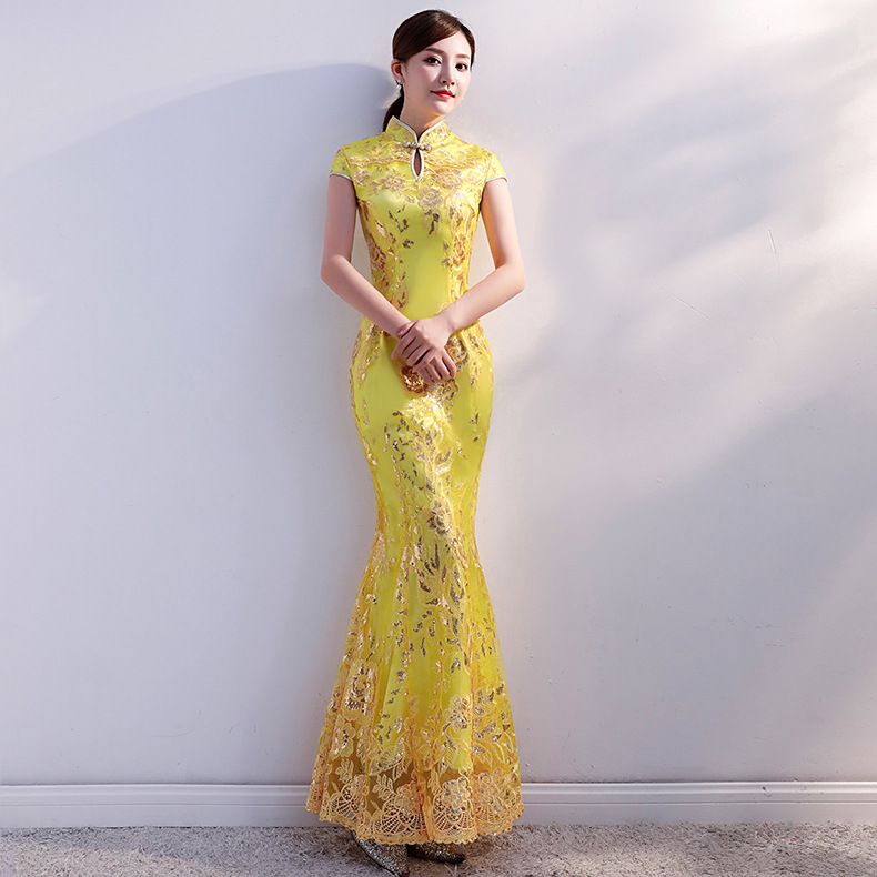 Acquistare TS933 Abito Da Sposa Tradizionale Cinese Lungo Cheongsam La  Sposa Orientale Abiti Da Sera In Oro Con Pizzo A Sirena Qipao Economico |  Consegna Veloce E Qualità | It.Dhgate