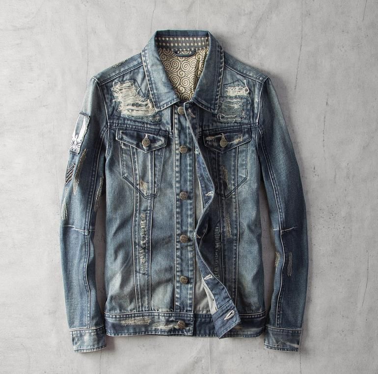 Chaqueta de mezclilla rasgada hombre Clearance