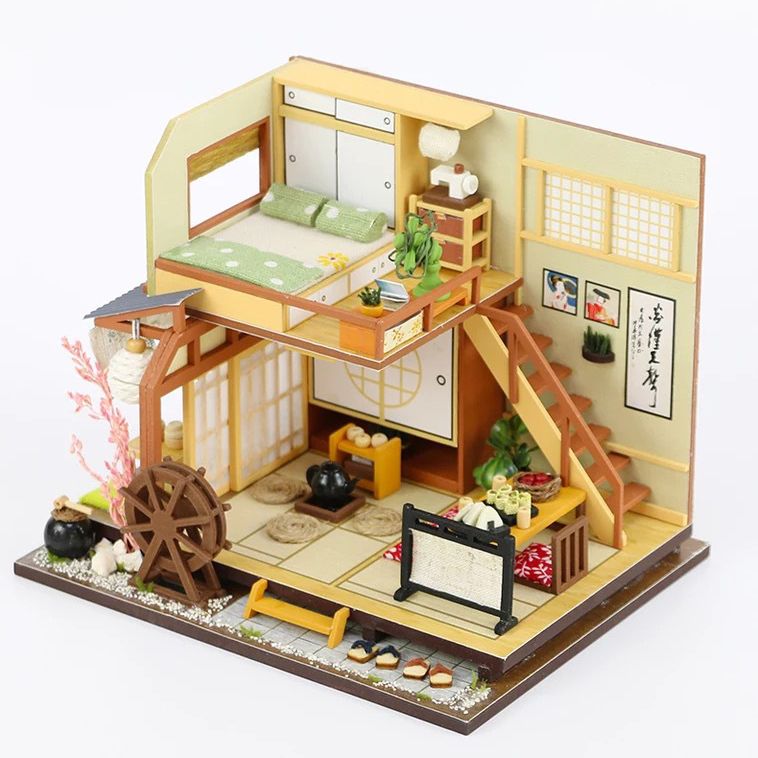 erhumama DIY casa de muñecas en miniatura de estilo japonés muebles led gran casa de muñecas de madera de cerezo villa flor rompecabezas juguete regalo de cumpleaños de Navidad para niño niña niño