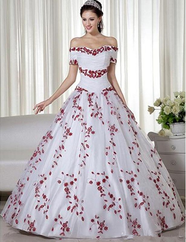 Tamaño blanco rojo 2020 del vestido de bola barato vestido de bordado hecho