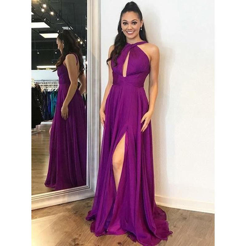 vestidos de fiesta largos violetas 2019 Nueva sin Dividida Longitud del piso Gasa