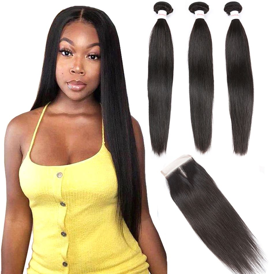 Straight Human Hair 2 Bundles With Closure Tuneful 100 Remy Hair Weft