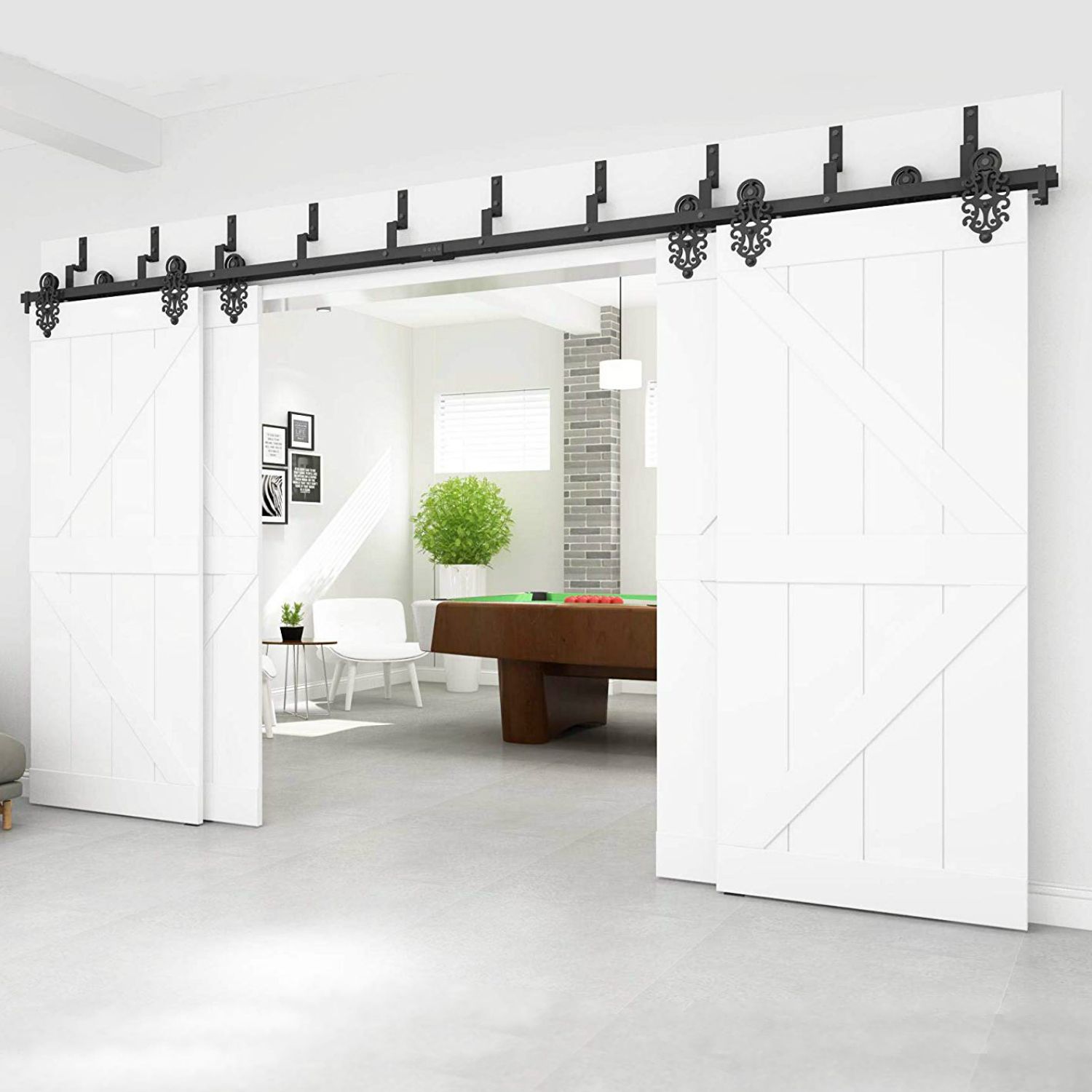 2019 4 Doors Bypass Royal Pattern Black Steel Sliding Barn Door