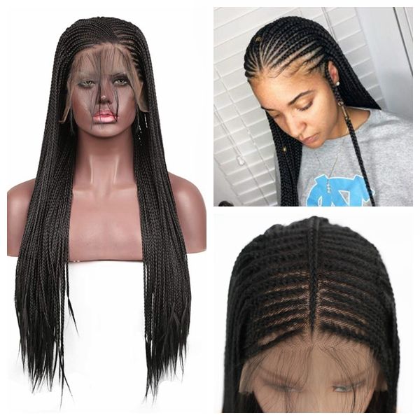 Natural Black Long Micro Braids Synthetic Lace Front Wigs For