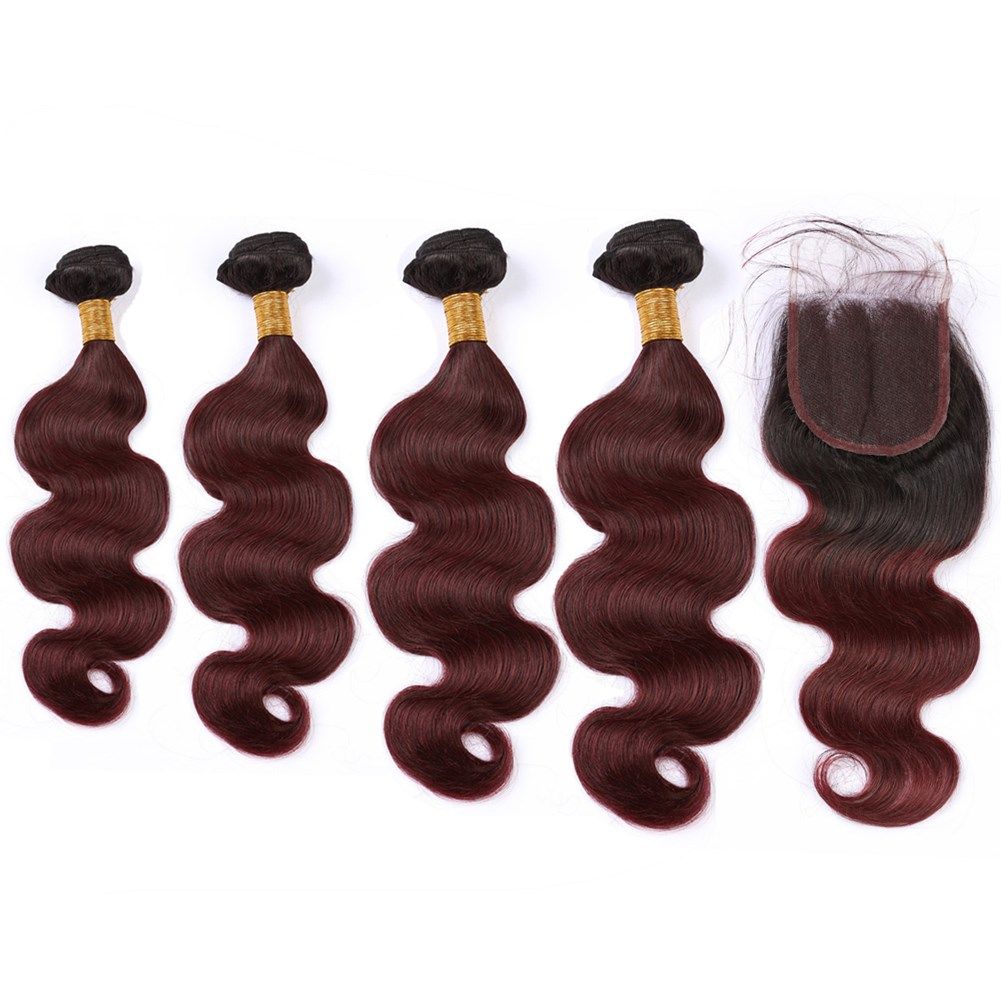 2019 1b 99j Body Wave Human Hair Lace Closure 4x4 With Bundles Wine Red Ombre Dark Root Hair Extensions Ombre Burgundy Malaysian Hair Weaves From