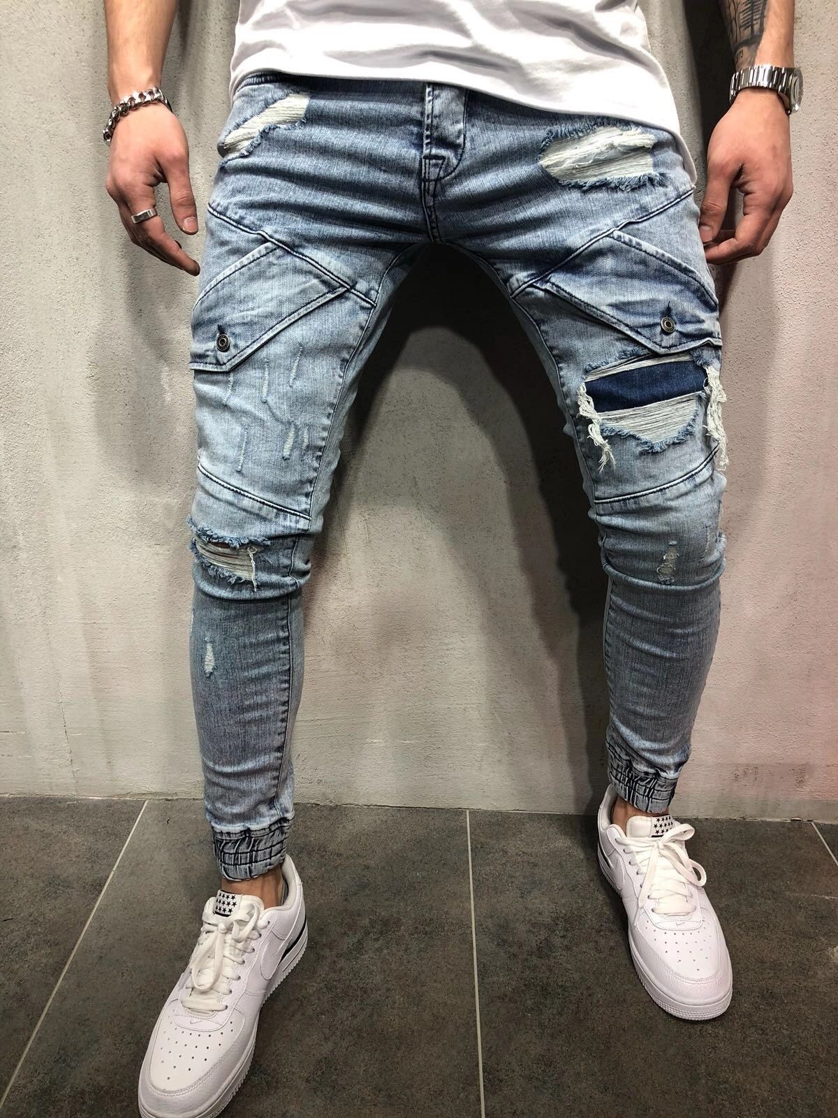 Compra Pantalones De Jean Vogue Washed Bolsillos Jeans Para Hombre  Primavera Nueva Luz Azul Rasgado Diseñador Capris Barato | Entrega Rápida Y  Calidad | Es.Dhgate
