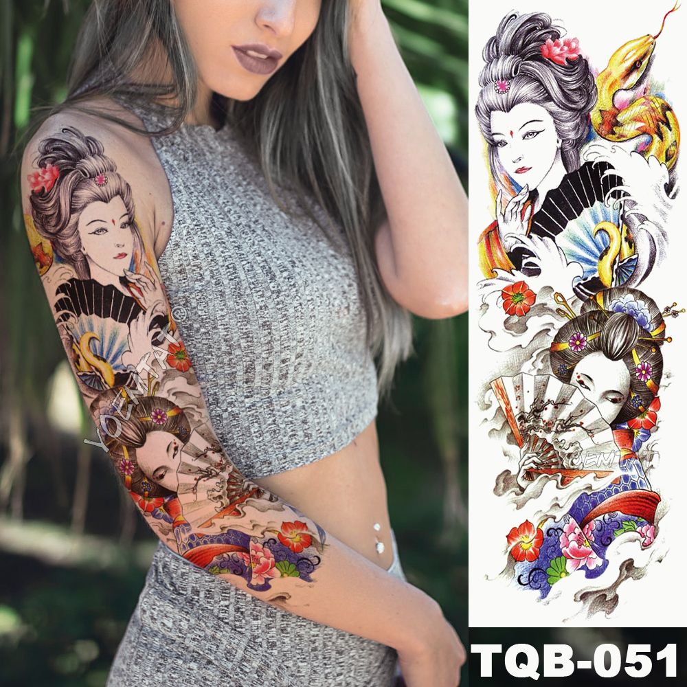 Beauty Health Large Arm Sleeve Tattoo Japanese Geisha Snake Waterproof Temporary Tatto Sticker Lotus Peacock Girl Tatoo Body Art Women From Rendie 2 76 Dhgate Com