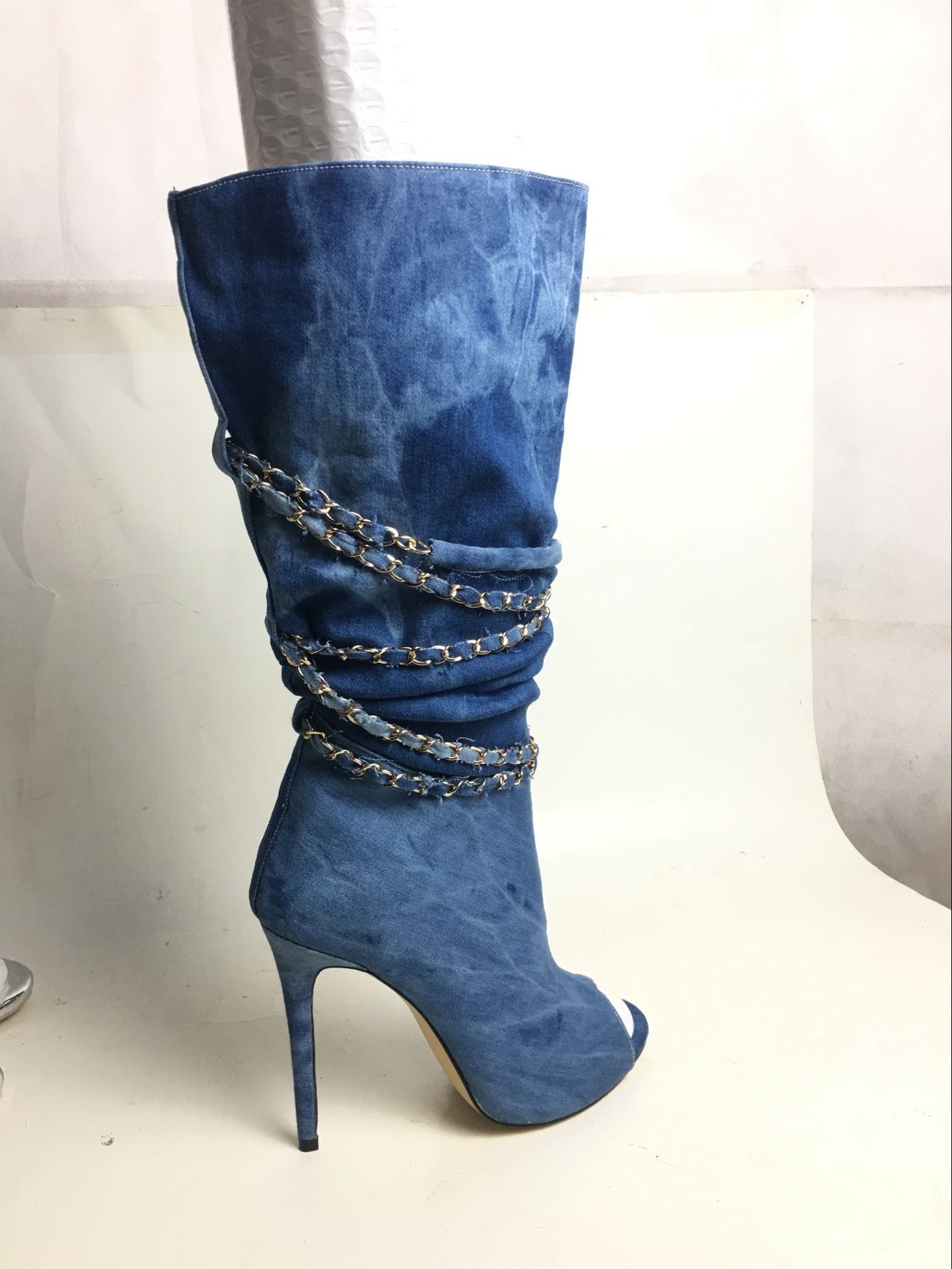 Hot Sale- Nieuwe Mode Laarzen Stiletto Hak Blue Denim Boots Jeans Peep Toes  High Heels Winter