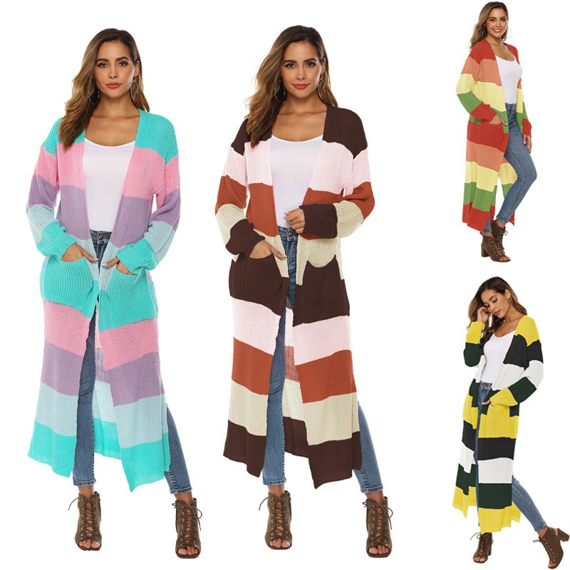 2020 Womens Casual Open Front Block Striped Split Side 2020 Womens Casual Open Front Block Striped Split Side