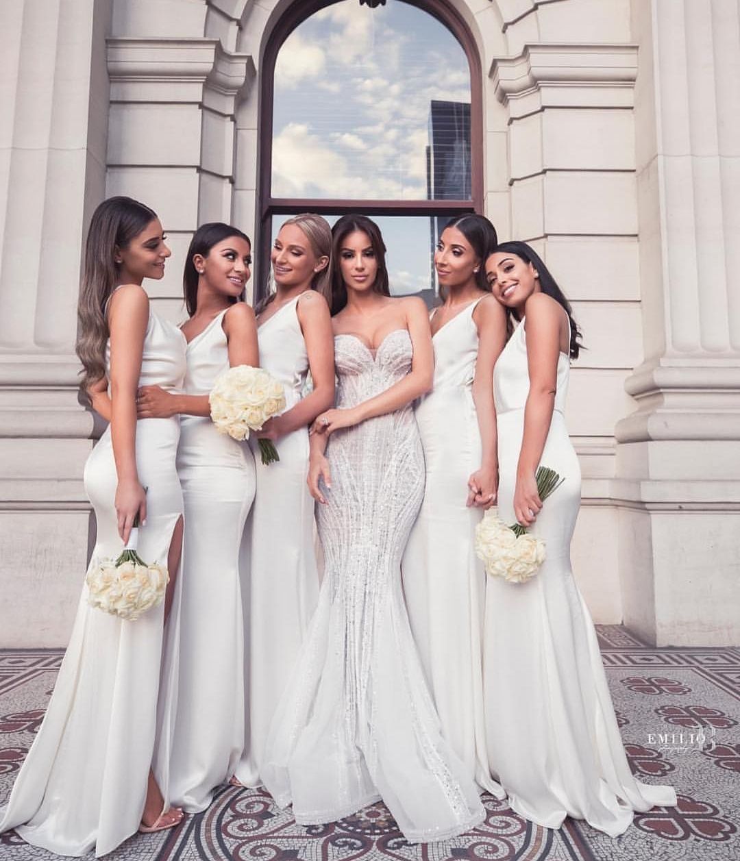 white and silver bridesmaid dresses