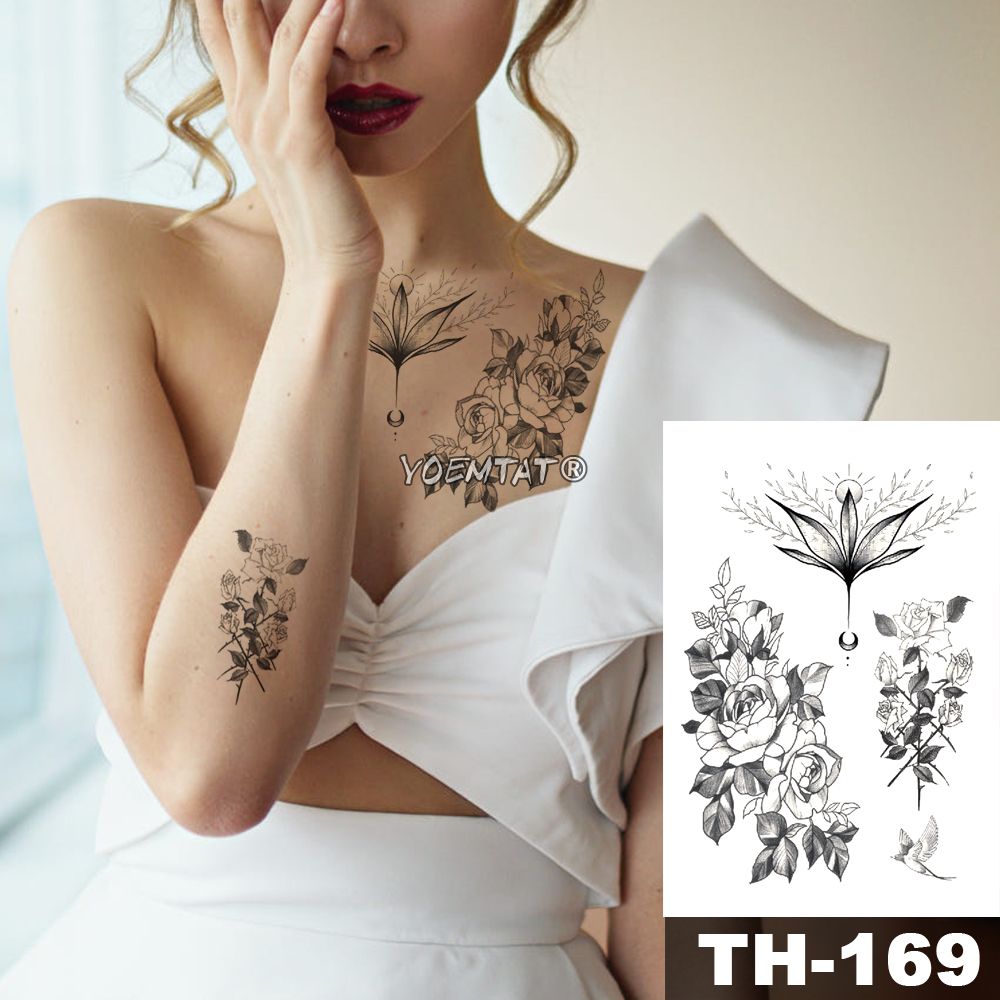 Waterproof Temporary Tattoo Sticker Sketch Lily Flower Pattern Tatoo Water Transfer Swallow Body Art Fake Arm Tattoo For Women Large Temporary Tattoos